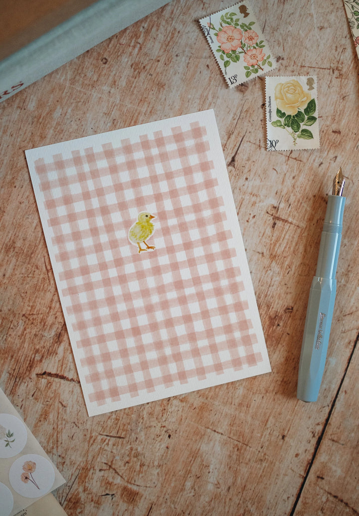 Spring Gingham - Set of 4 hand-wrapped cards with stickers