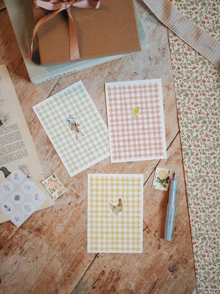 Spring Gingham - Set of 4 hand-wrapped cards with stickers